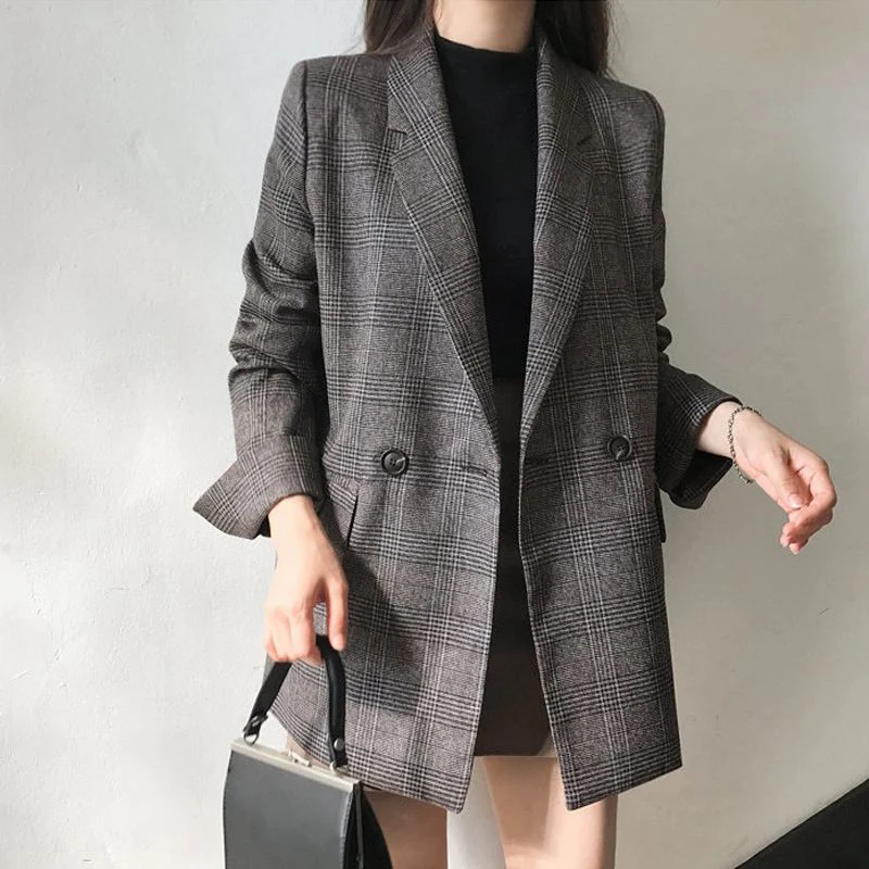 Blazer a quadri invernali da donna cappotti moda coreana elegante giacca spessa solida femminile doppio petto da donna cappotto lungo da ufficio