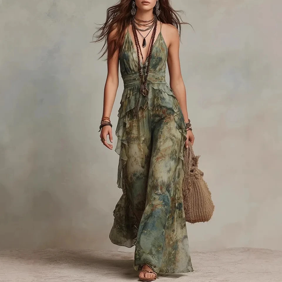 

2026 Summer New Halter Neck V Neck Print Long Skirt Vacation Style Sleeveless Flowy Dress Waist Cinched Dress Outfit