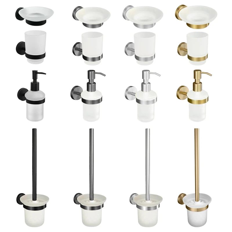 Black Nickel Brushed Gold Stainless Steel Wall Mounted Bathroom Accessories Glass Toilet Brush Soap Dispenser Cup Holder