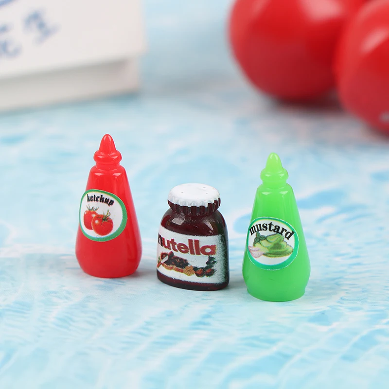 3Pcs/Set Dollhouse Simulation Miniature Ketchup Fruit Sauce Mustard Kitchen Seasoning Bottle