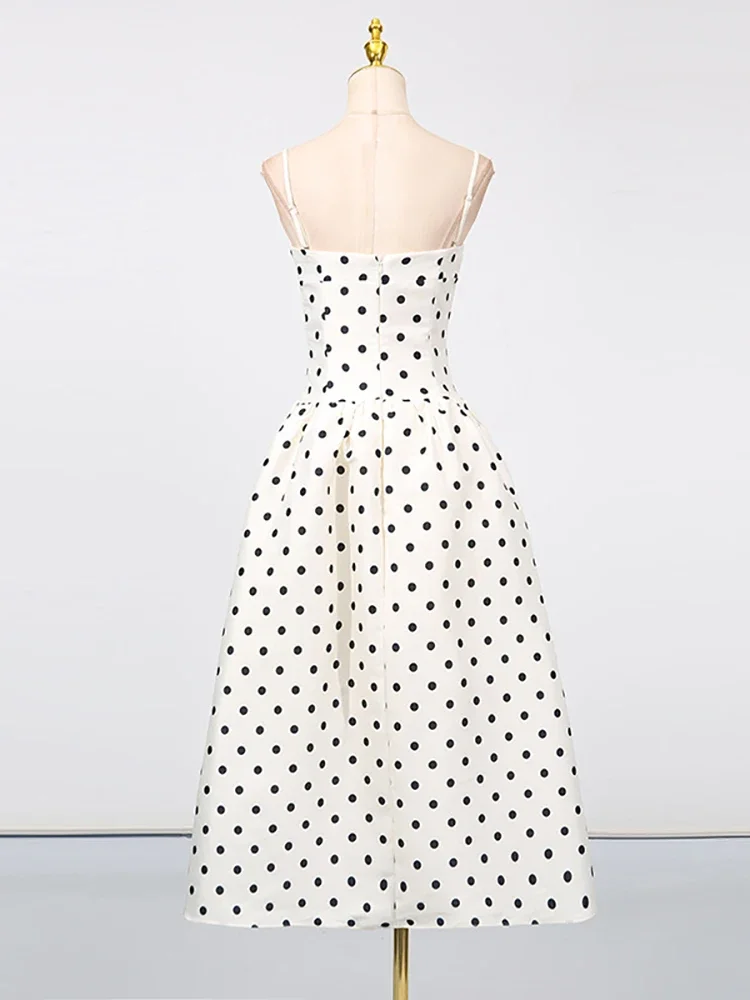 섹시한 스파게티 스트랩 폴카 도트 A라인 드레스 여성용 민소매 스퀘어 넥 하이 웨이스트 롱 드레스 우아한 이브닝 파티 가운