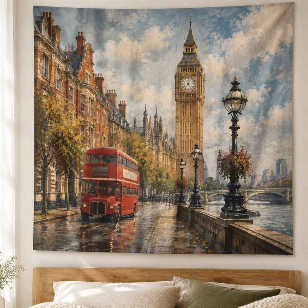 VIKAMA London Street Scene Tapestry Wall Hanging, Aesthetic English Room Decor Tapestries for Bathroom Bedroom Living Room
