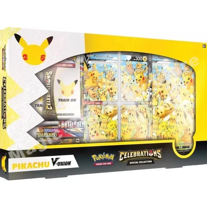 Oryginalna oryginalna karta Pokemon Trading PTCG wersja amerykańska 25. pudełko upominkowe na uroczystość Pikachu V Union prezent dla dziecka