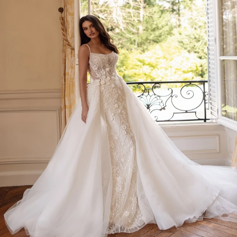 Luxury Champagne Dubai Arabic Mermaid Wedding Dresses Applique Flower Beading Tull Court Train Wedding Dress Bridal Gowns vestid