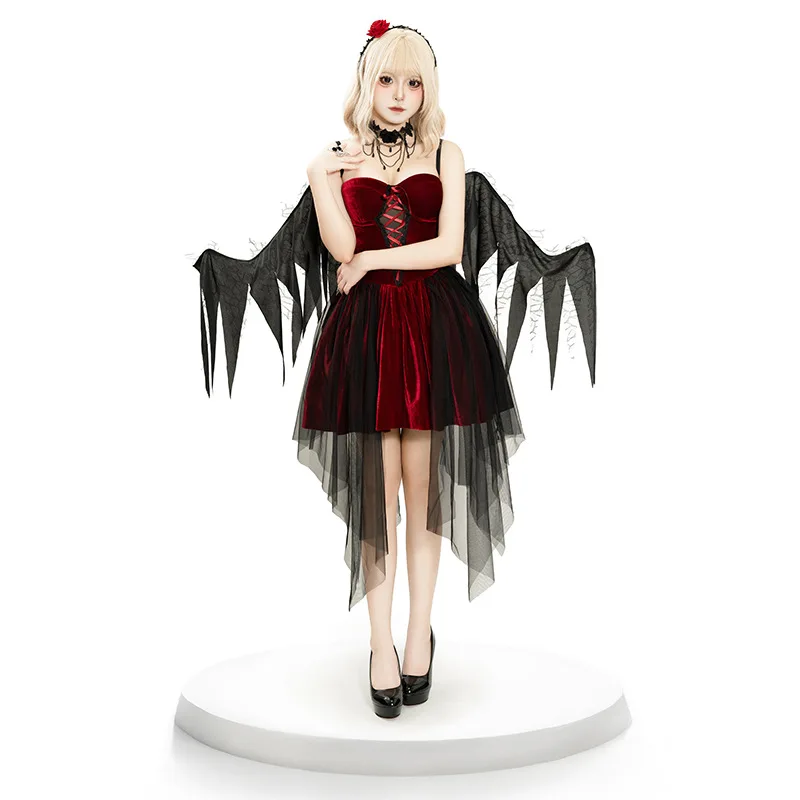 

Halloween Cosplay Gothic Style Black Angel Devil Wing Dress Front Costume Witch Vampire Role Play Stage Party Performance Outfit