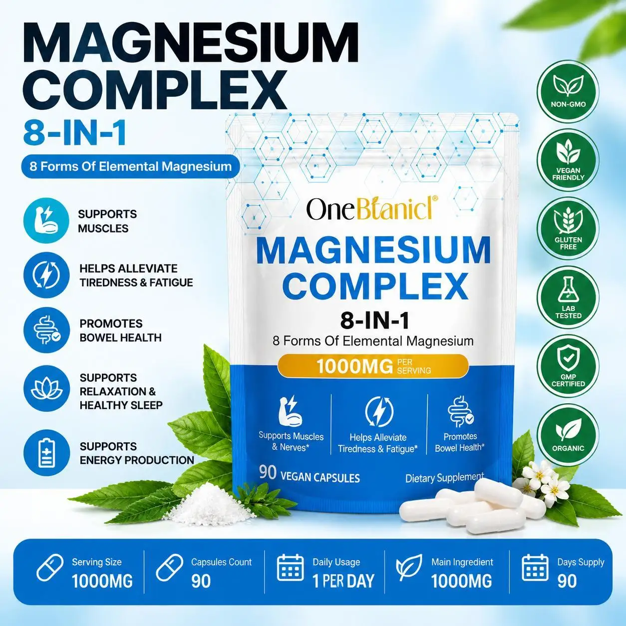 Magnesium Complex Capsules with Magnesium, Glycinate Citrate Malate Taurate, Supports Relaxation Sleep Muscle Function, 90 Count