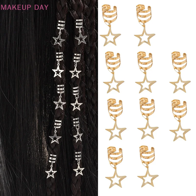 

10Pcs Personality DIY Pendant Hair Accessories Twist Braids Hair Ring For Women Girls Hollow Five-pointed Star Hair Ring