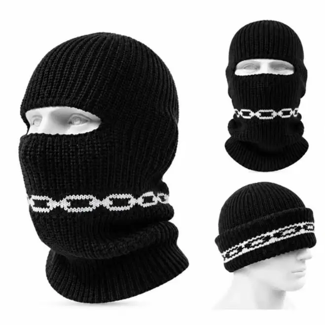 Pukn 2 in1 Mask Beanies Hats Warm Knitted Balaclava Hats Windproof Chain Full Face Ski Bonnet Tactical Cycling Earmuffs Cap