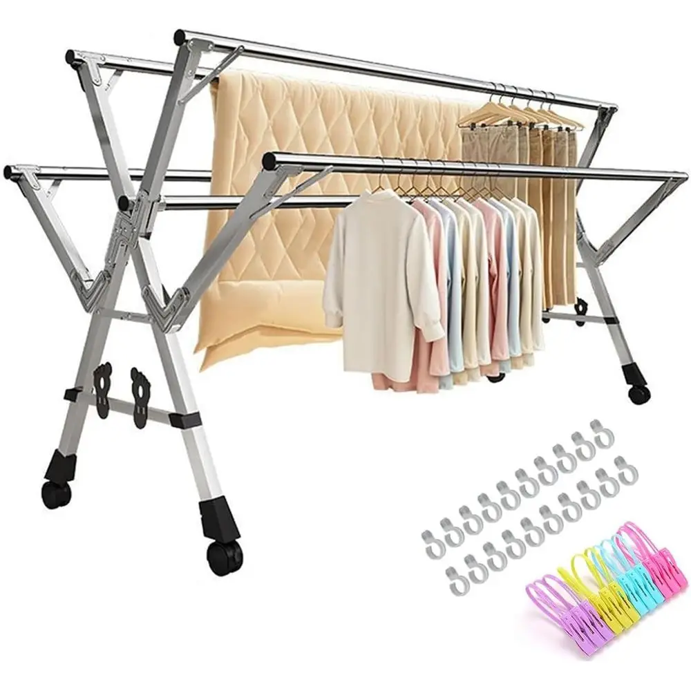 

Adjustable 5-Rod Heavy Duty Stainless Steel Clothes Drying Rack with 20 Hooks and 12 Clips, 120-160cm Extendable for Indoor/Outd