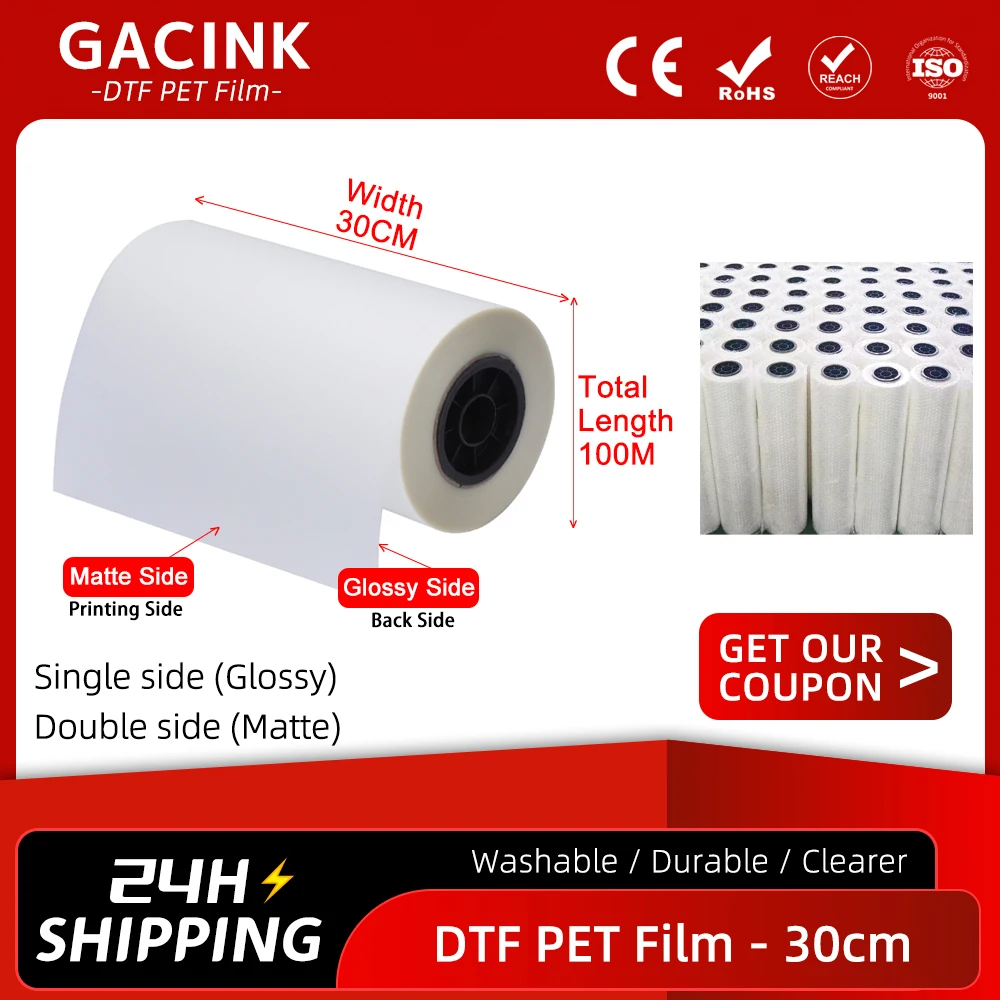 30cm*100m Roll DTF PET Transfer Film 75um For Direct Transfer Film Printing For Epson L1800 L800 XP600 1390 TX800 DX5 DX7 i3200