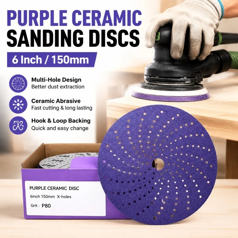 discos-de-lixa-ceramica-roxa-de-6-polegadas-150mm-com-multiplos-furos-e-fixacao-por-gancho-e-laco-para-lixadeira-orbital-para-lixar-carro-madeira-e-metal