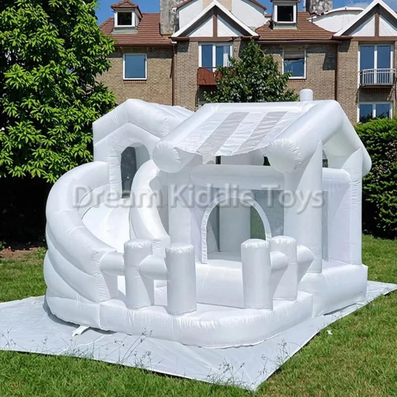 Inflatable White Cottage Bounce House with Slide Commercial Bouncer Castle Jumping House for Kids Party Event Rental Use