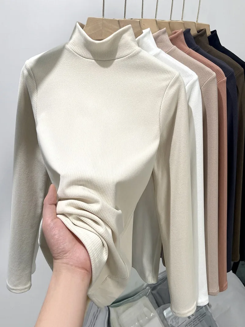 

Широкая полосатая рубашка с воротником-стойкой, женский однотонный вязаный свитер, универсальный приталенный многослойный топ на осень-зиму