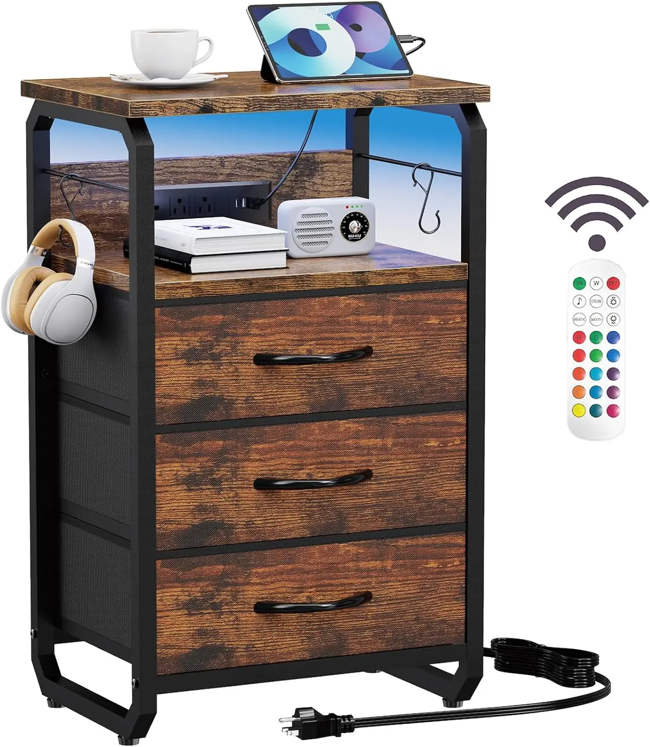 

Bed Side Table with 3 Fabric Drawers, Night Stand with Charging Station, LED Nightstand with Hooks, Bedside Table End Table w