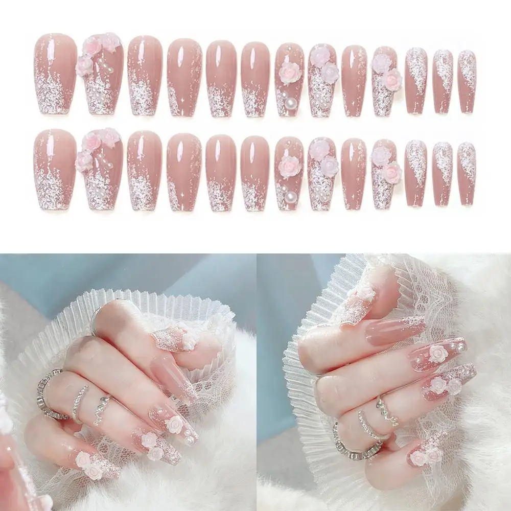 24 個パール & フラワーグリッタープレス爪アイス透明ゼリー両面粘着偽爪ラインストーン装飾