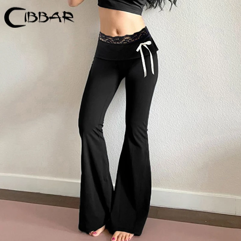 CIBBAR Black Knitted Leggings Pants Cute Lace Patchwork Low Rise Flared Pants for Women Korean Fashion Contrast Bow Trousers y2k