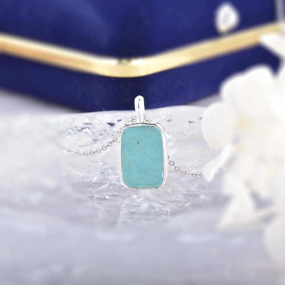 ITSMOS Natural Square Labradorite Pendant Necklace Amazonite Gemstone 925 Silver Necklace for Women Handmade Jewelry