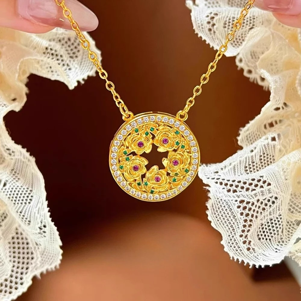 

Fashion 18Kt Gold Hollow Colorful Rose Shape Pendant Necklace for Women Wedding Engagement Luxury Chain Gifts Not Fade