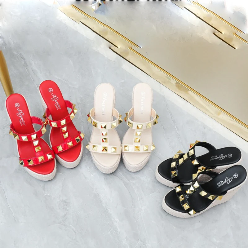 

2024 Summer Large Size 34-43 Weave Rope Bottom Slippers 14cm High Heels 5cm Platform Pumps Red Rivets Nightclub Sexy Club Shoes