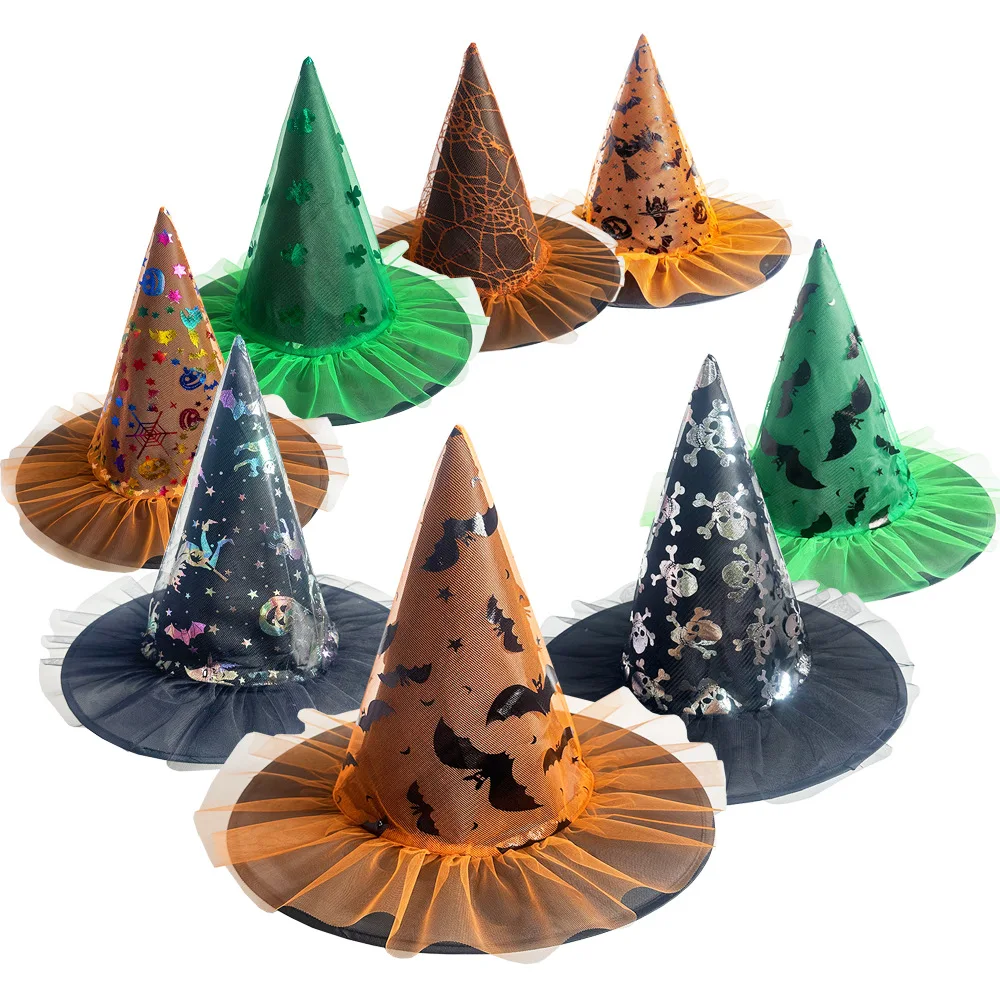 Ghost Festival Witch Hat Halloween Mesh Print Witch Hat Masquerade Wizard Hat Cosplay Costume Party Decor