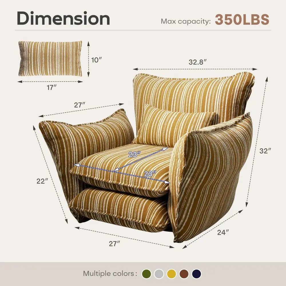 Striped Chenille Deep Seat Accent Chair Wide armrests, 14inch highdensity foam, lumbar pillow, 350 lbs capacity lounge chair fo