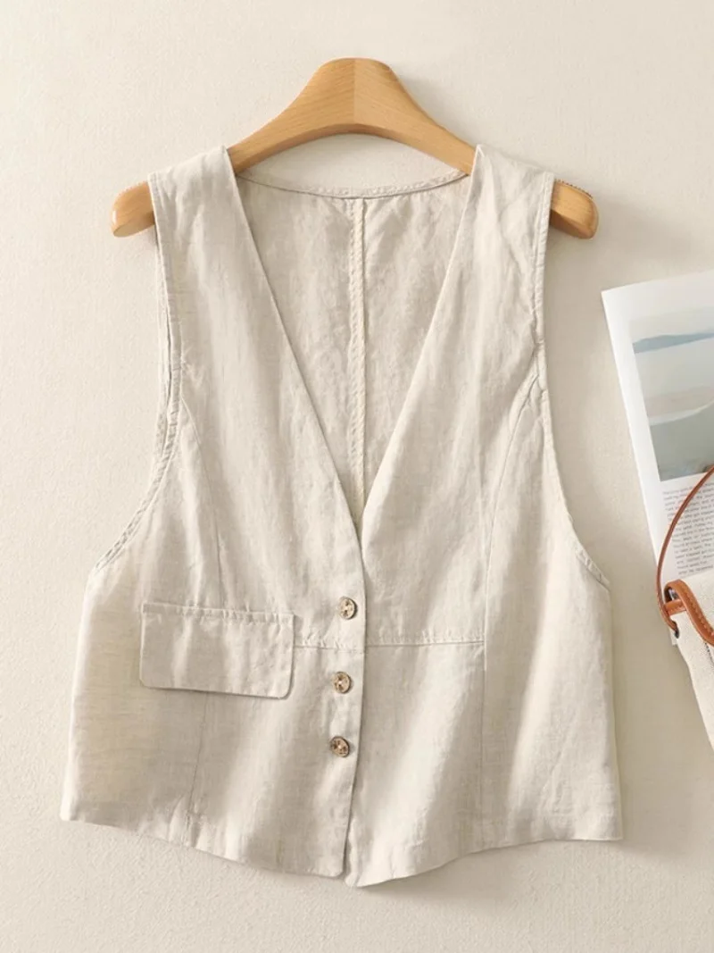 

Retro Cotton Linen Vest Women's Summer Thin Style 2025 Vintage Short V-Neck Sleeveless Jacket Top w356
