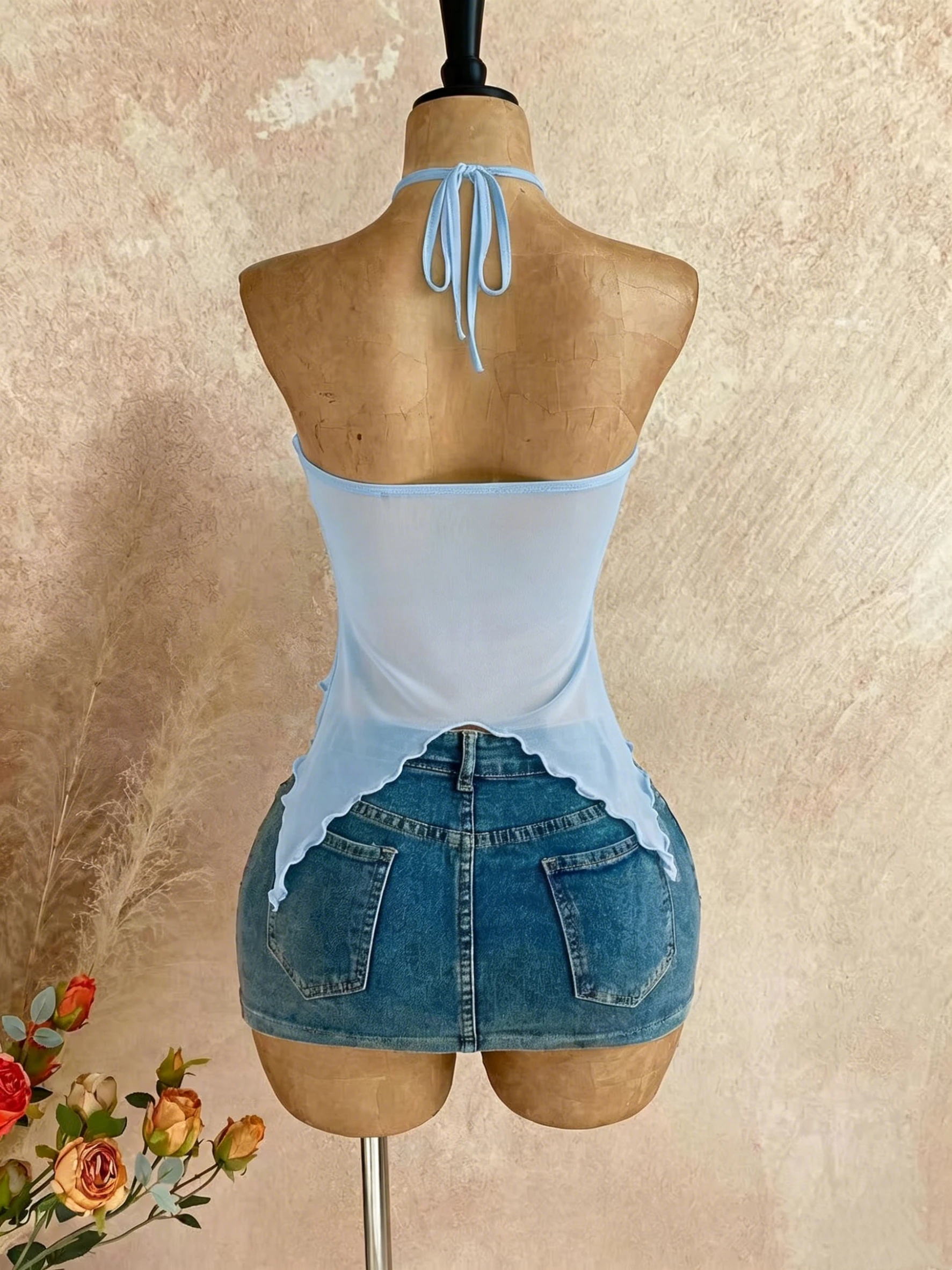 Damen-Camisole mit asymmetrischem Kragen und Muschelverzierung, geeignet für Strandurlaub, Sommer, Frühling, Valentinstag – Detail 5