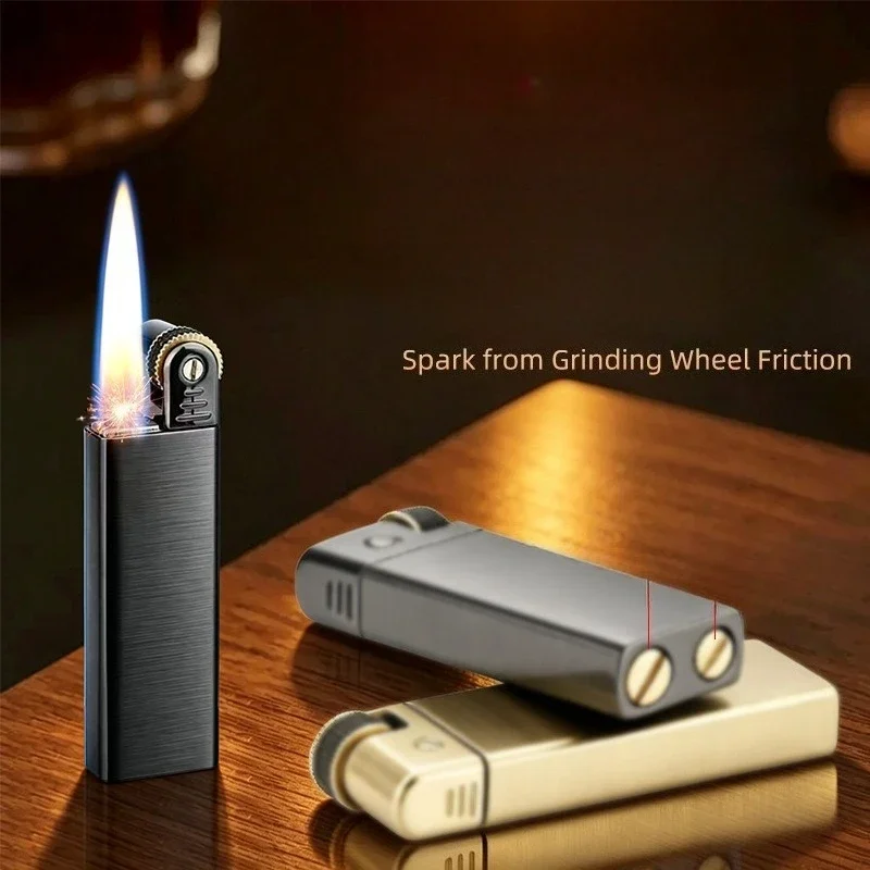 New Unusual Rotating Grinding Wheel Ignited Lighter Outdoor Ultra Thin Portable Retro Zinc Alloy Open Flame Lighter Gift