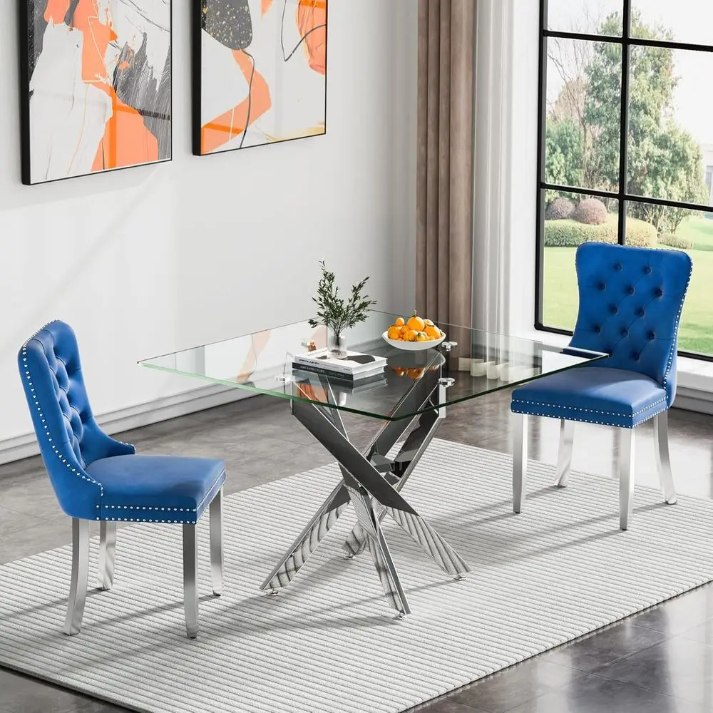 

Elegant 3-Piece Glass Dining Set with Square Table & Velvet Chairs in Silver & Blue