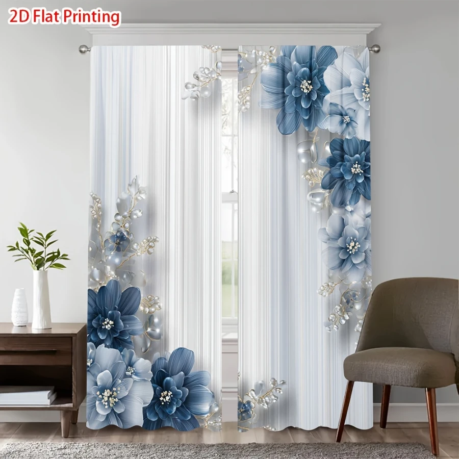 2PCS Digital Printed Curtains, Butterfly Shadow Blue Flower Pattern, Stylish Window Treatment for Living Room Bedroom Decor