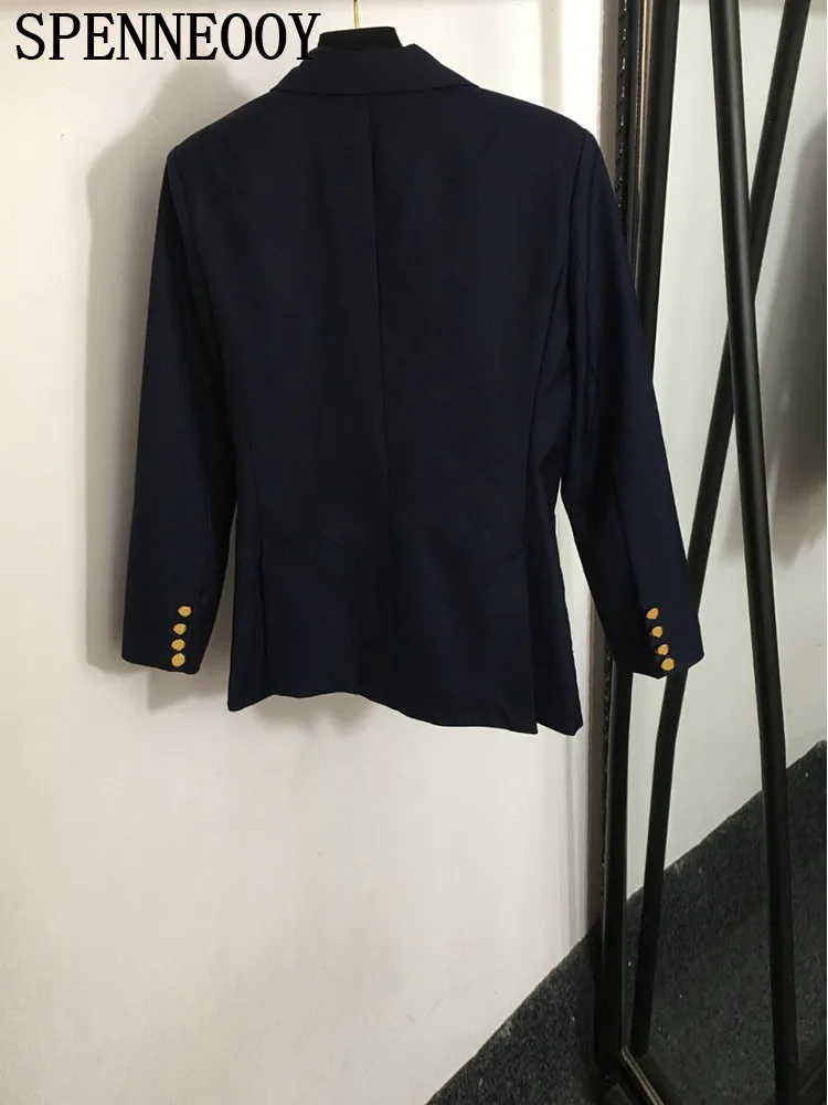 SPENNEOOY Fashion Runway Autumn Office Lady Dark Blue Suit Jacket Women\'s Ulster Collar Long Sleeve Pocket Double Breasted Coat