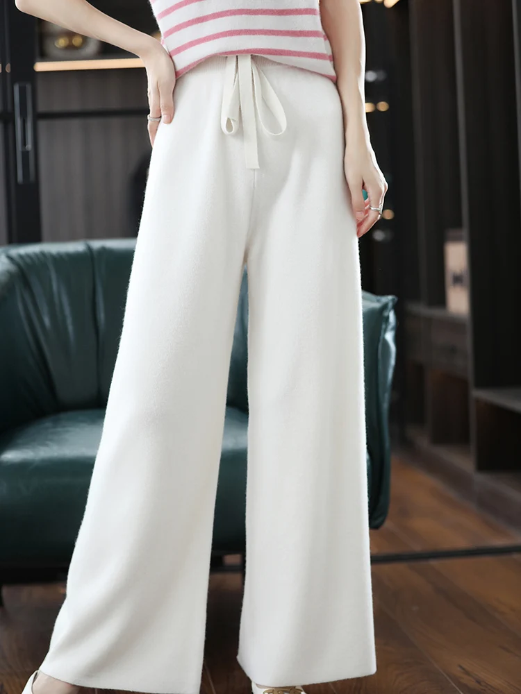 LHZSYY 100%Merino Wool Wide Leg Pant Ladies High Waist Trousers 2024 Autumn And Winter New Fashion Loose Knitted Cashmere