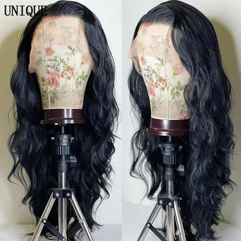 Wig depan renda sintetik gelombang rambut hitam untuk wanita Wig Frontal renda garis rambut alami pra pencabutan dengan rambut bayi