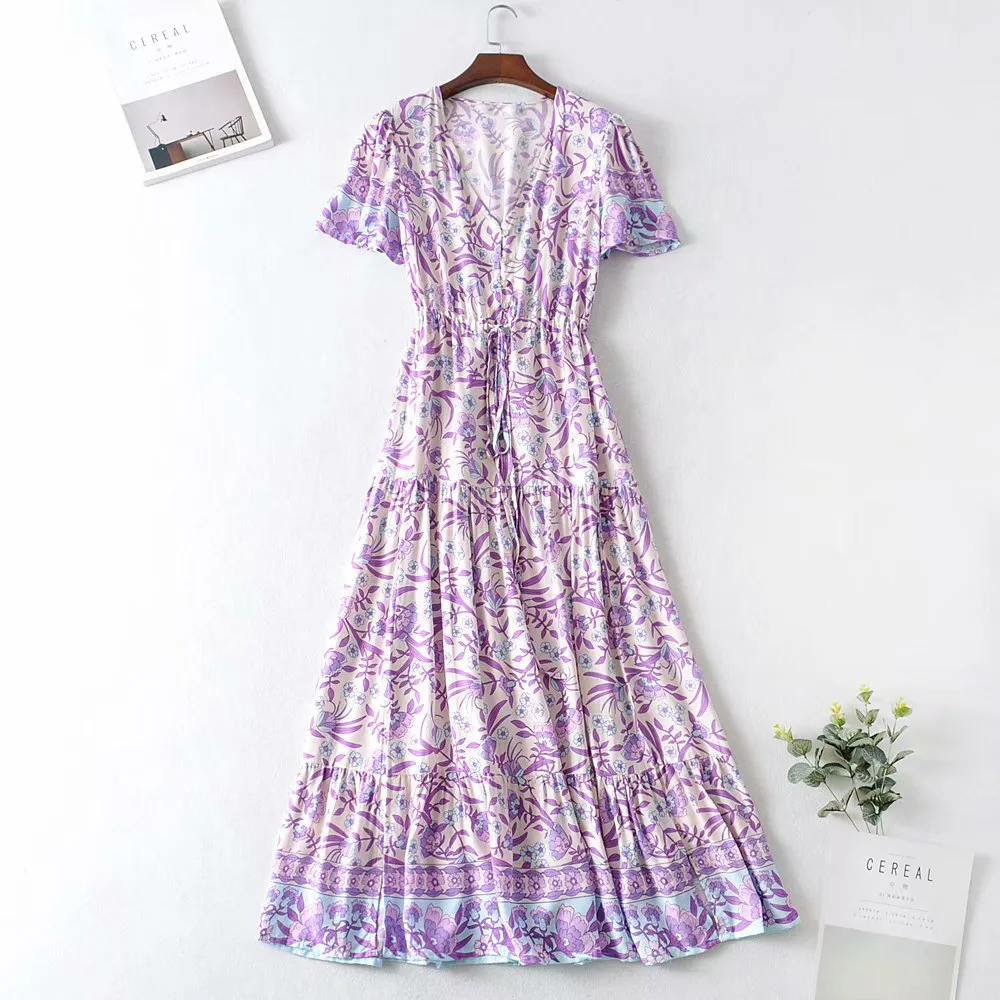 

Women Cottagecore Summer Dress Sexy Boho Vestidos Woman Purple Print Dresses New Casual V-neck Print Short Sleeve Dress 2023