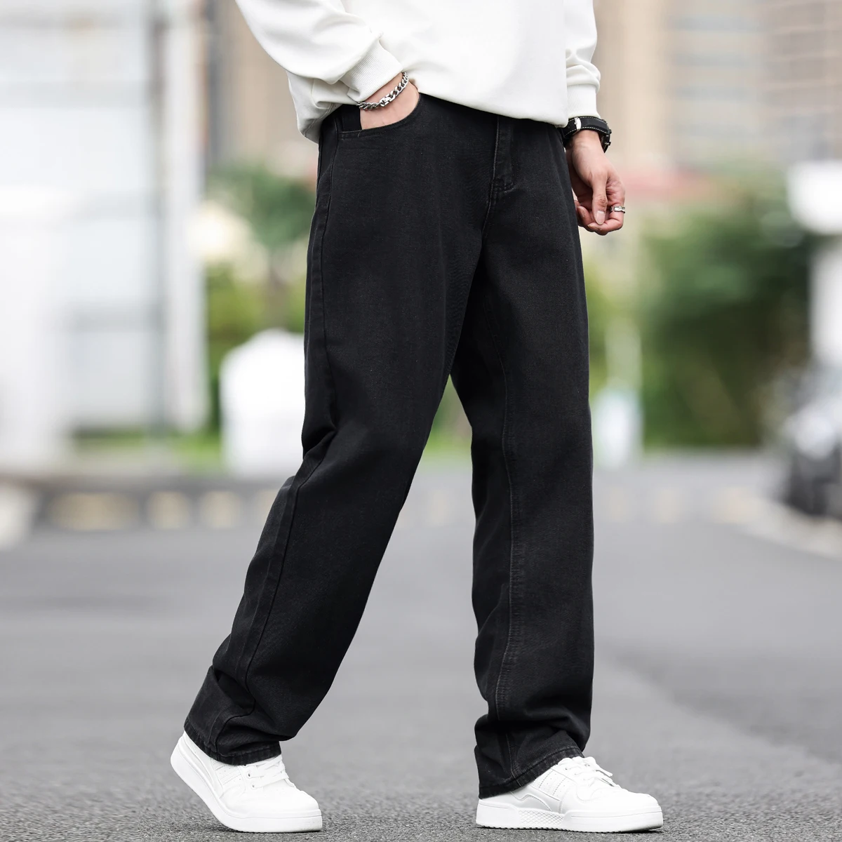 Men's Black Loose Fit Straight Leg Jeans, Solid Color Non-Stretch Washed Denim Pants, 350g Casual Trousers for Four Seasons