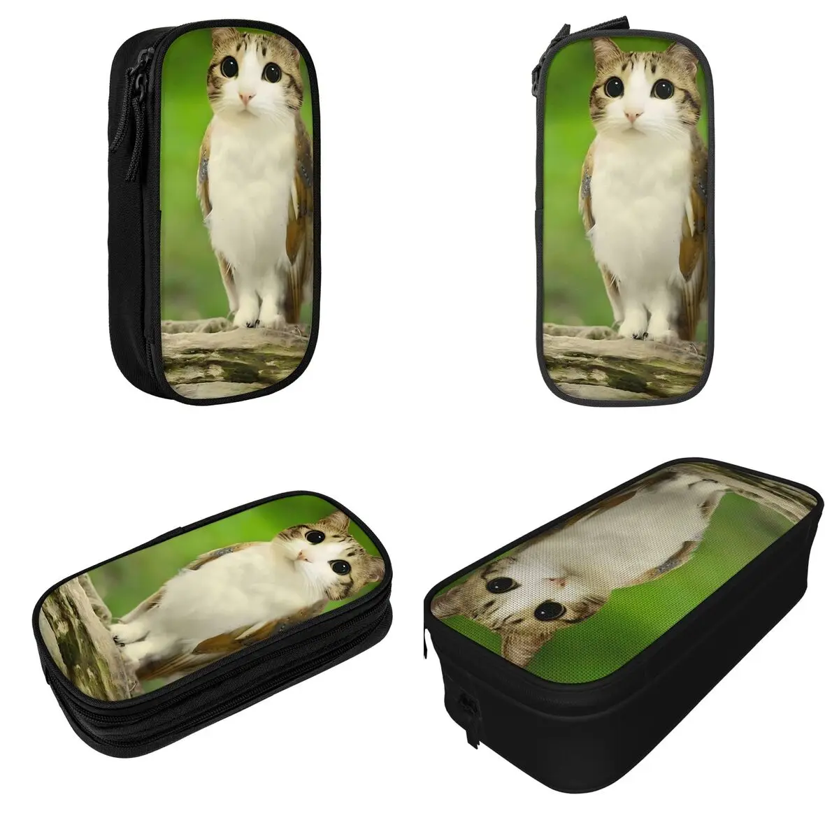 Large-capacity Pen Box Meowl Cat Owl Meme Office Supplies Double Layer Pencil Case Stationery Women Make Up Bag Amazing Gift
