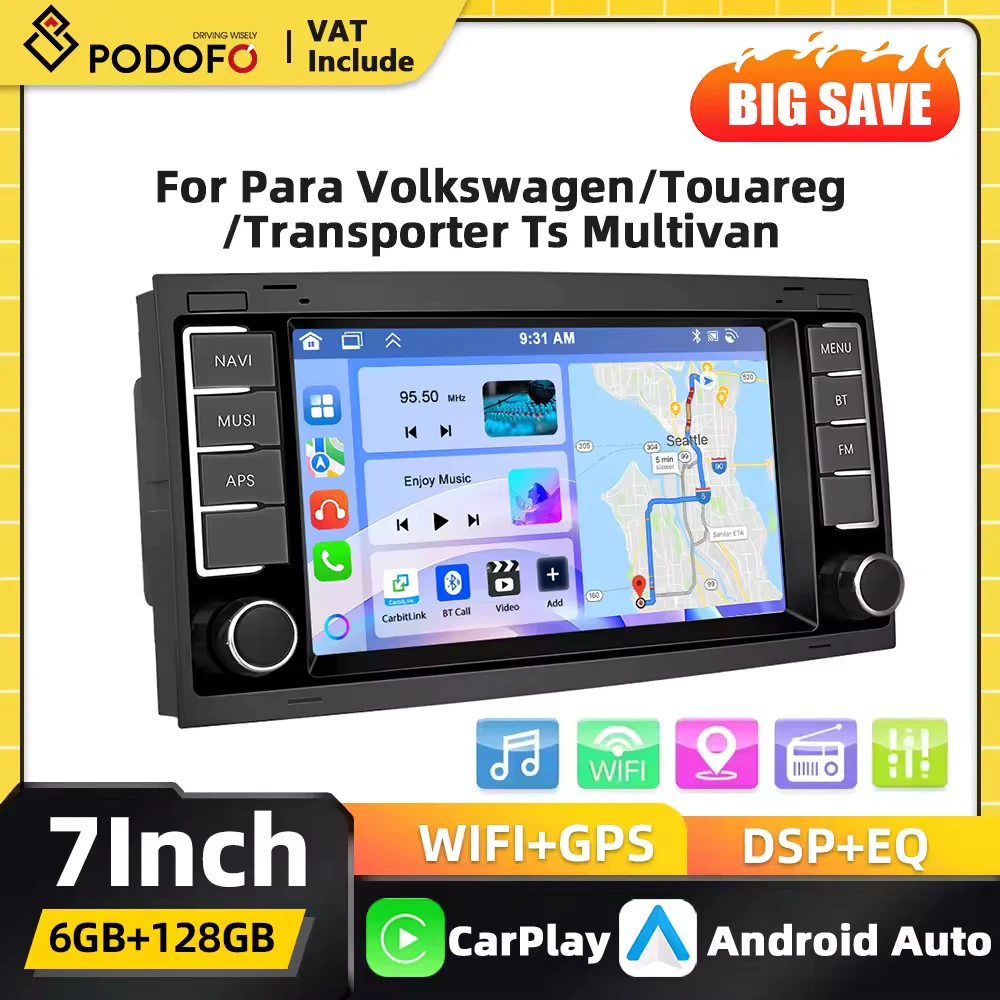 Podofo 6G+218G 2Din Carplay Autoradio für VW Touareg Transporter Ts Multivan Android Auto GPS Mirror Link FM RDS USB Bluetooth