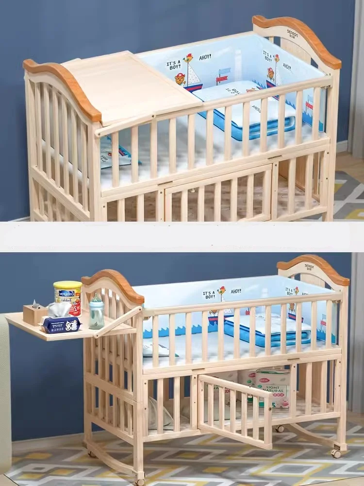 Natural Pine Wood Rocking Cradle Have Mosquito Net, Multifunctional Baby Crib, 104*60*95cm, Can Joint Adult Bed