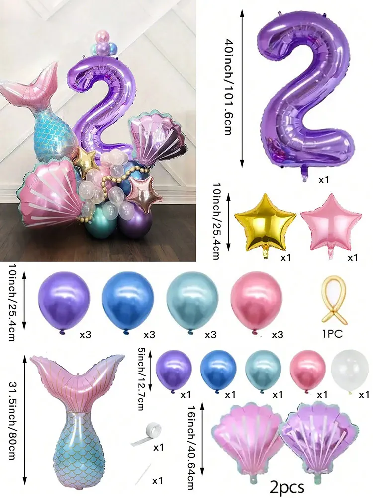 24-teiliges Meerjungfrau-Muschel-Ballon-Set zum 1. Geburtstag, 40 Zoll übergroße lila digitale Aluminiumfolienballons, Geburtstagsfeier, Ozean sh