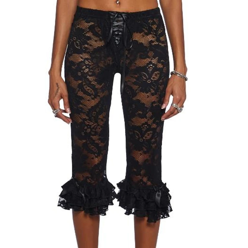 Coquette See-Through High Waist Ruffles Hem Trousers Women Floral Lace Capri Pants Summer Casual Pants Stretch Crop Leggings