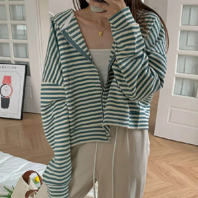 

Striped Sweatshirt Coats for Women Vintage Hooded Cardigans Long Sleeve Casual Jackets Loose Minimalist Korean Style Women Tops