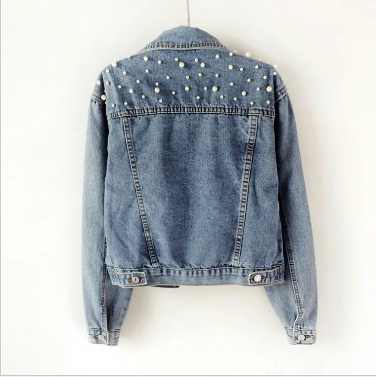 

Ladies Cropped Denim Jacket Pearl Embellished Loose Fit Spring Autumn Fashion Outerwear