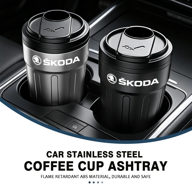 LED Portable Car Logo Emblem Ashtray Cigarette Ash Hold Cup For Skoda Kodiaq Octavia 2 3 Rapid Karoq Fabia Kamiq Superb