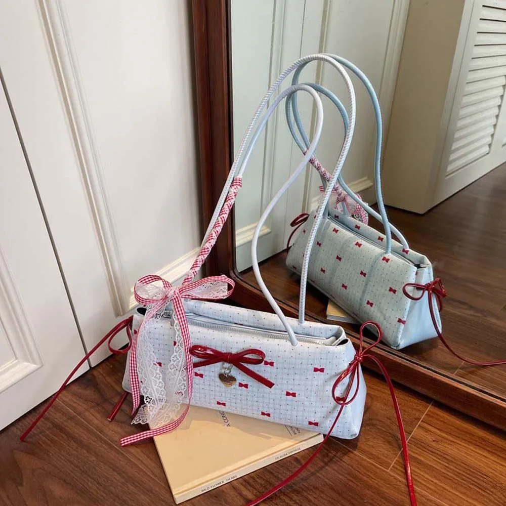 

High Quality Bow Ribbon Decoration French Stick Bag Fashion Women's Texture Handbag Contrast Color PU Underarm Bag