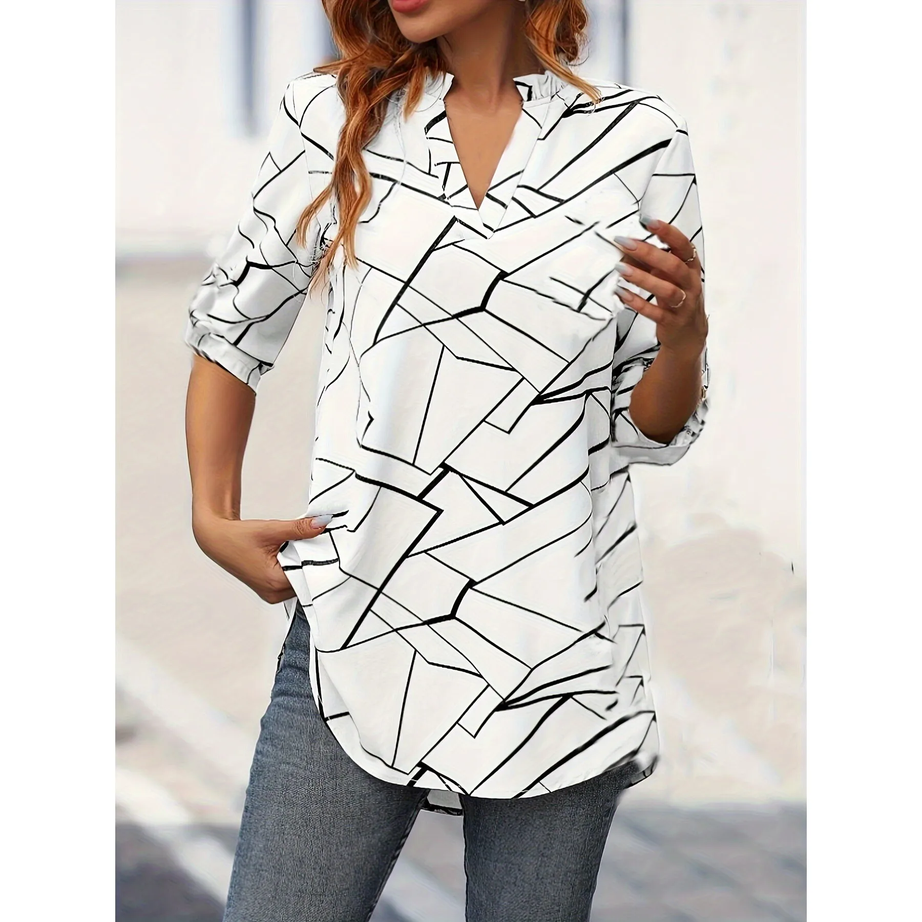 

Fashion Print V Neck Shirt Women's Princess Sleeve Top Unisex Spring Season Non-Shrinking Other Material 100% Cross-Border