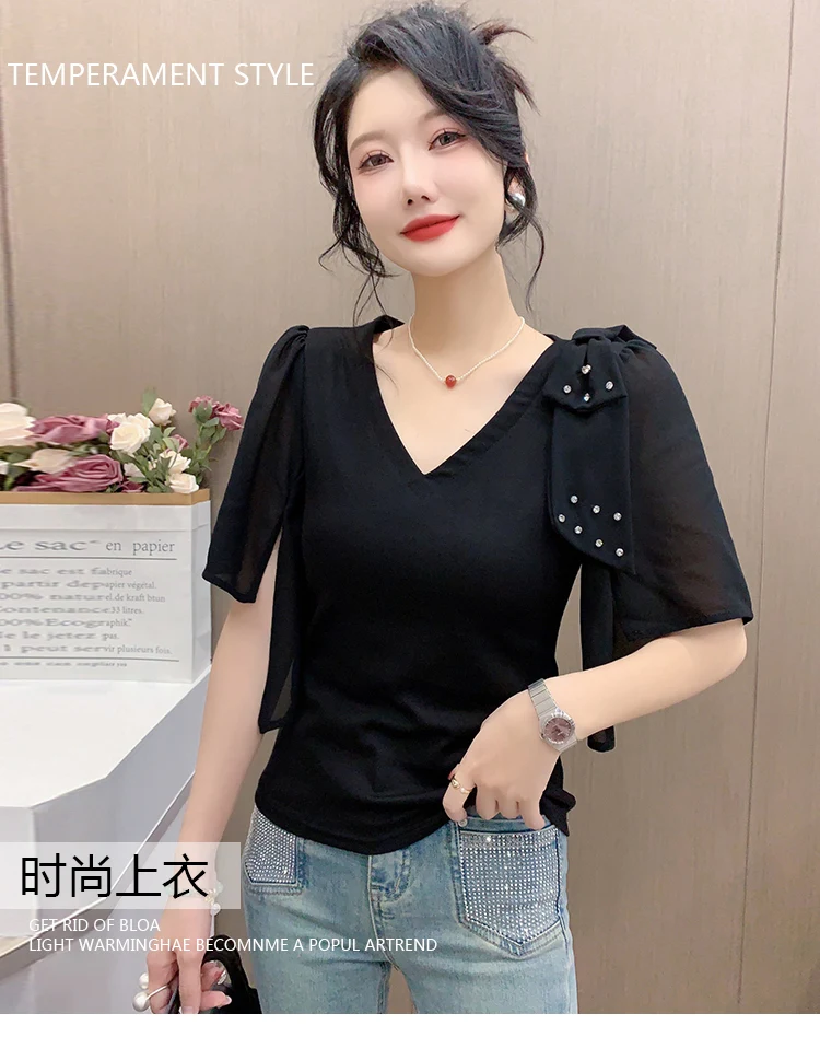 #7215 Black White Red Skinny T Shirt Women Spliced Chiffon Half Sleeve Diamonds Sexy Short Tshirt Femme Thin V-neck Korean Style