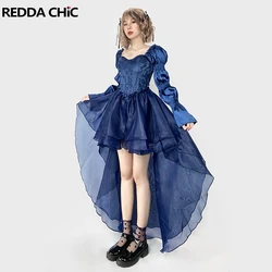 ReddaChic Princess Trailing Mini Dress Set Women Long Sleeves Jacquard Satin Lace Up Corset Bodycon Dress Medieval Retro Clothes