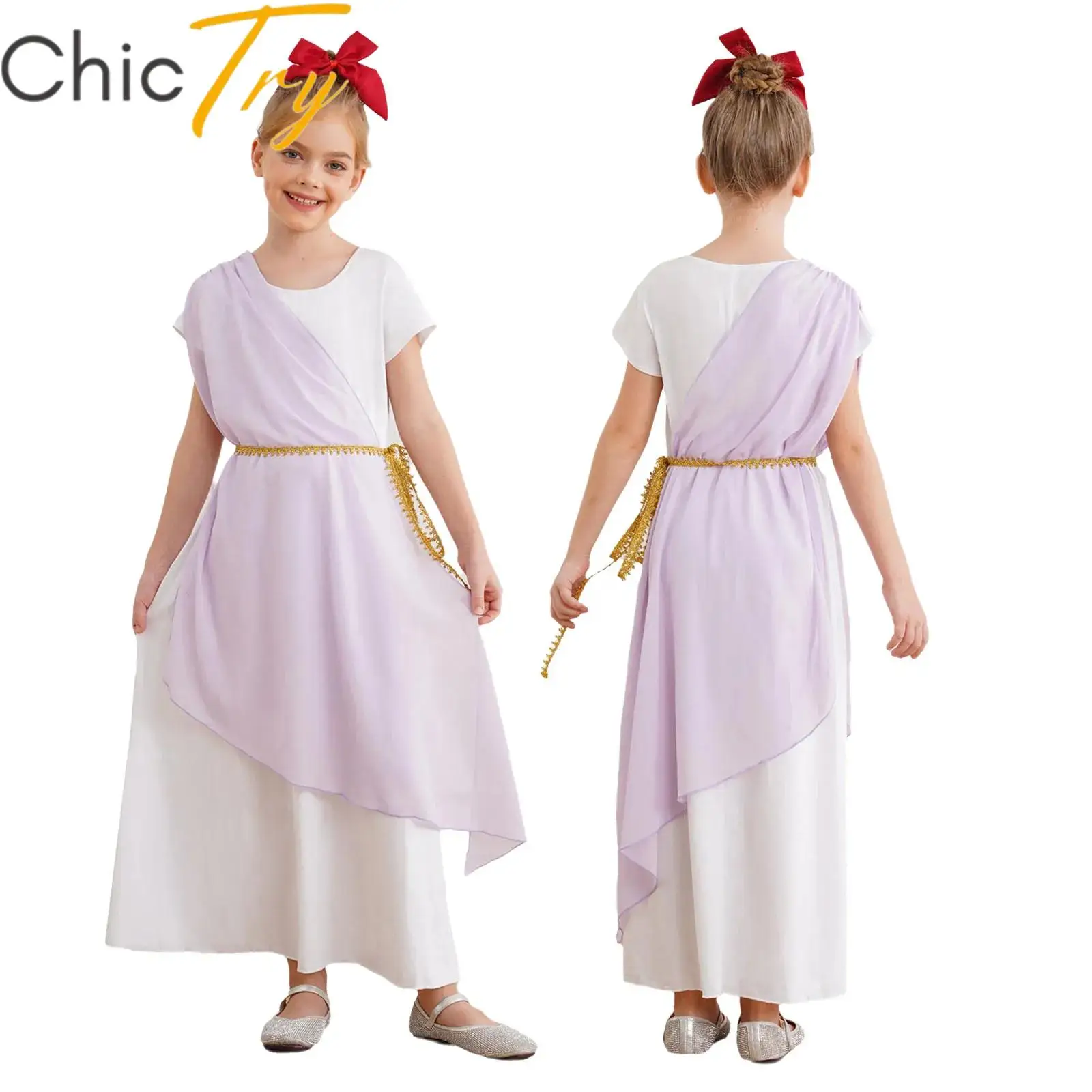 

Kids Girl Ancient Greek Toga Costume Short Sleeve Dress with Golden Waistband Halloween Ancient Rome Princess Cosplay Dress Up