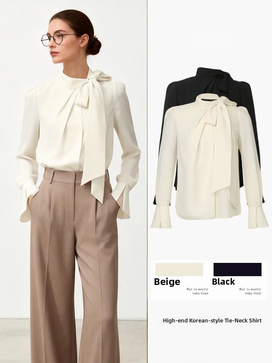 

Корейский топ-блузка с бантом на бедре, удлиненный, для женщин, повседневный, стройнящий, модный дизайн, для работы, из полиэстера и спандекса