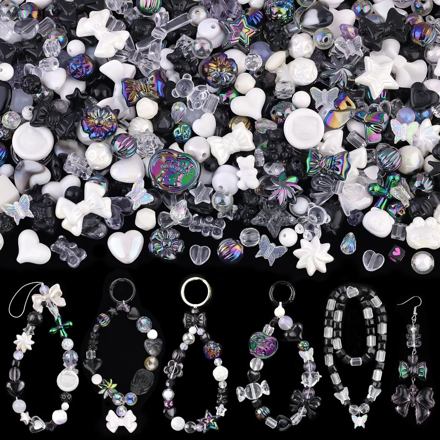 

Acrylic Beads, 170-230PCS Black Cute Beads for Bracelet Making, Aesthetic GummyBear Bow Flower Candy Butterfly Kawaii Charms for